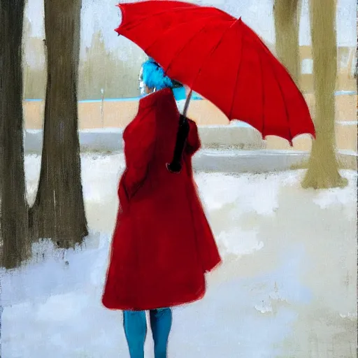 Prompt: woman with red coat and cyan umbrella, jon foster