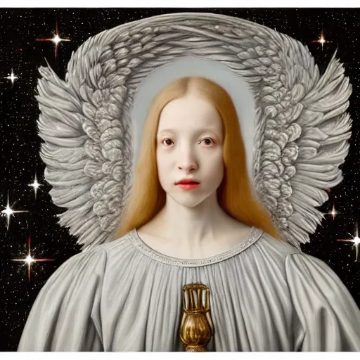 Image similar to highdetailed hyperrealistic painting of white angel!!! no gender smiling noface!!!, light instead of hands, white sparkles everywhere, 4 k hd face!!!, big silver high detailed wings!!!, renaissance, by jan van eyck, holography space, glow effect, large strokes, monochrome!!!!!