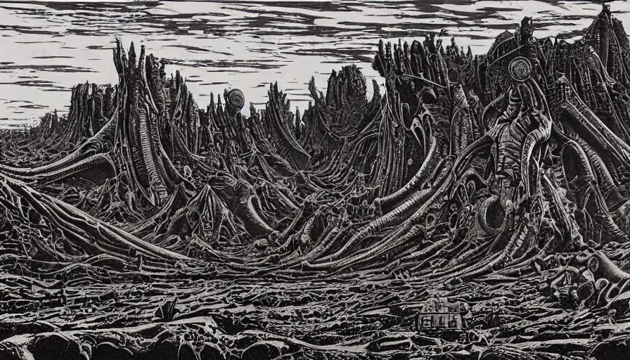 Image similar to linocut print of a desolate colony on mars by simon bisley, hr giger and beksinski, ink, detailed, clean lines