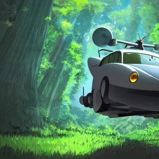 Image similar to flying car in futuristic spiritual mystical post apocalyptic forest, studio ghibli, beautiful, crisp