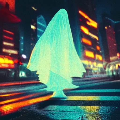 Prompt: Halloween ghost under a sheet, floating ghost, cigarette smoke, floating over futuristic metropolis sidewalk, at night, bright neon city lights, blade runner, trending on artstation, matte finish, volumetric lighting, 8k, 4k