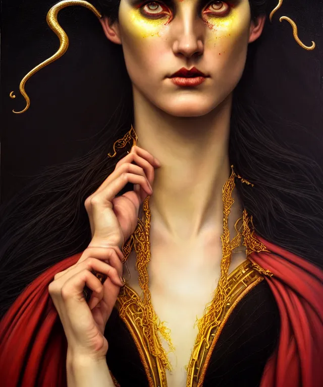 Image similar to hyperrealistic mixed media painting of a beautiful young female sorceress, stunning 3d render inspired art by P. Craig Russell and Barry Windsor-Smith + perfect facial symmetry + dim volumetric lighting, dark black hair, pale skin, ornate crimson robes with gold trim, dizzy, full body, confident heroic pose, 8k octane beautifully detailed render, post-processing, extremely hyperdetailed, intricate, epic composition, grim yet sparkling atmosphere, cinematic lighting + masterpiece, trending on artstation, very very detailed, masterpiece, stunning