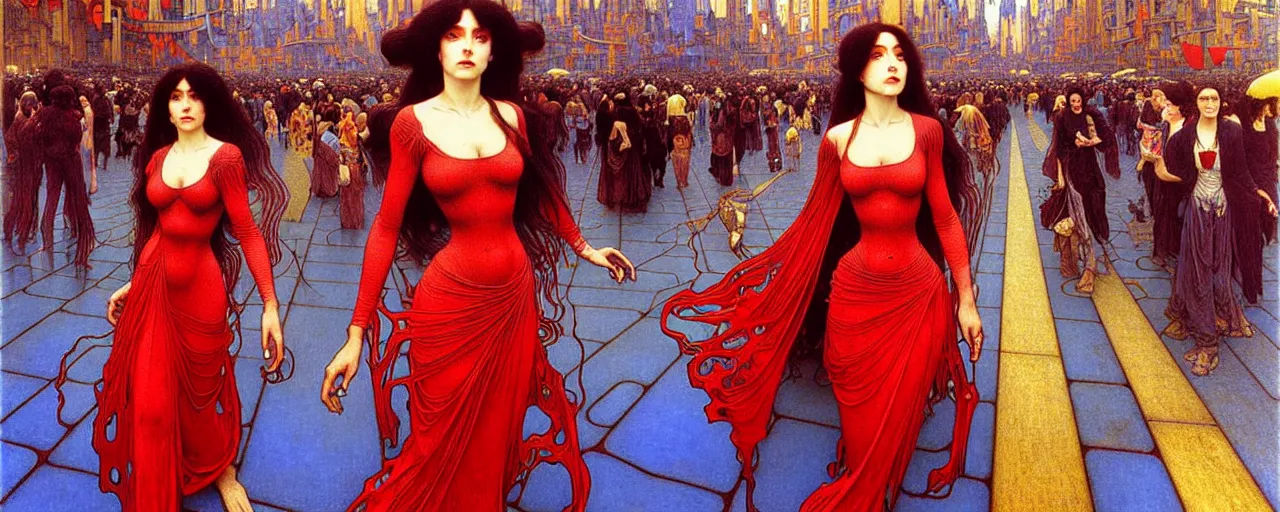 Prompt: realistic extremely detailed full height portrait painting of a girl with dark hair and red dress in a crowded sci-fi city street, very detailed crowd by Jean Delville, Amano, Yves Tanguy, Alphonse Mucha, Ernst Haeckel, Edward Robert Hughes, Roger Dean, rich moody colours, blue eyes