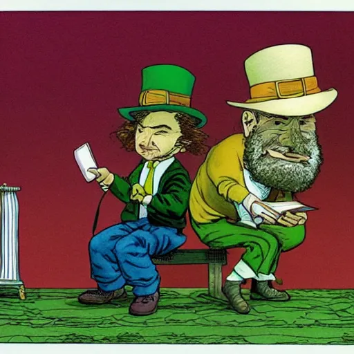 Prompt: two irish leprechauns studying torah, color illustration by moebius, frank quitely