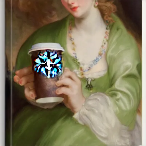 Prompt: heavenly summer sharp land sphere scallop well dressed lady holding a starbucks coffee cup, auslese, by peter paul rubens and eugene delacroix and karol bak, hyperrealism, digital illustration, fauvist, starbucks coffee cup green logo