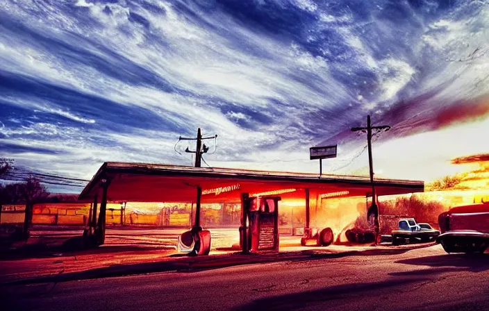 Image similar to A sunset light landscape with historical route66, lots of sparkling details and sun ray’s, blinding backlight, smoke, volumetric lighting, colorful, octane, 35 mm, abandoned gas station, old rusty pickup-truck, beautiful epic colored reflections, very colorful heavenly, softlight