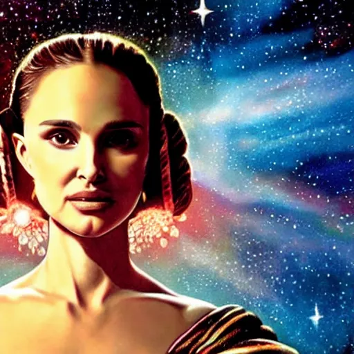 Prompt: a beautiful painting of a ornate highly detailed natalie portman as princess leia, nebulas in the background