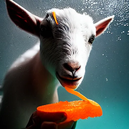 Image similar to Underwater shot of a baby goat’s head eating a carrot, water bubbles, particulate, extremely detailed, studio lighting