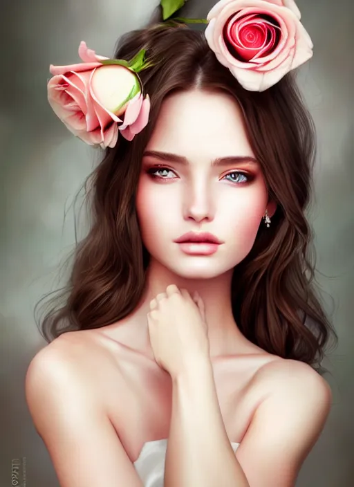 Prompt: a gorgeous female photo, professionally retouched, soft lighting, holding a bouquet of roses, realistic, smooth face, perfect eyes, wide angle, sharp focus on eyes, 8 k high definition, insanely detailed, intricate, elegant, art by artgerm and wlop