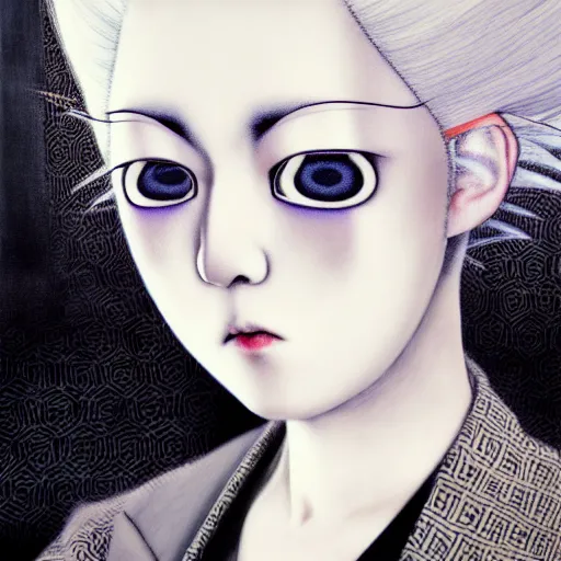 Image similar to yoshitaka amano blurred and dreamy realistic three quarter angle portrait of a woman with white hair and black eyes wearing dress suit with tie, junji ito abstract patterns in the background, satoshi kon anime, noisy film grain effect, highly detailed, renaissance oil painting, weird portrait angle, blurred lost edges