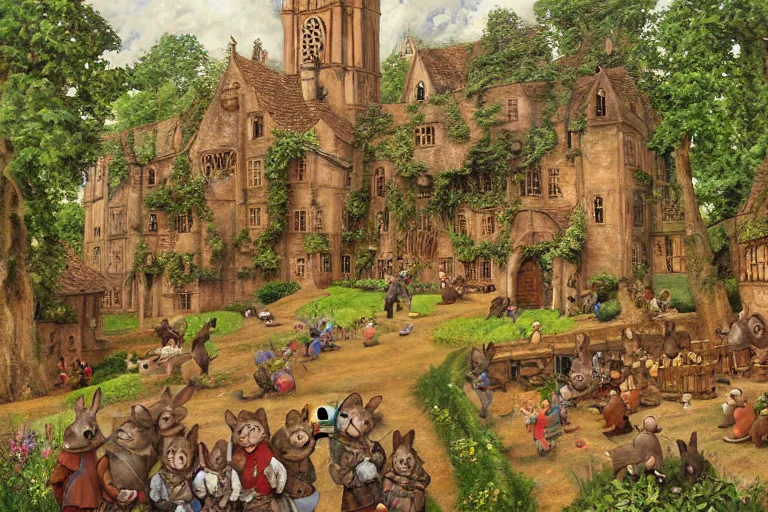 Image similar to an elaborate and dense painting of redwall abbey in mossflower wood with lots of medieval anthropomorphic mice and rabbits and otters, detailed by brian jacques and greg rutowski