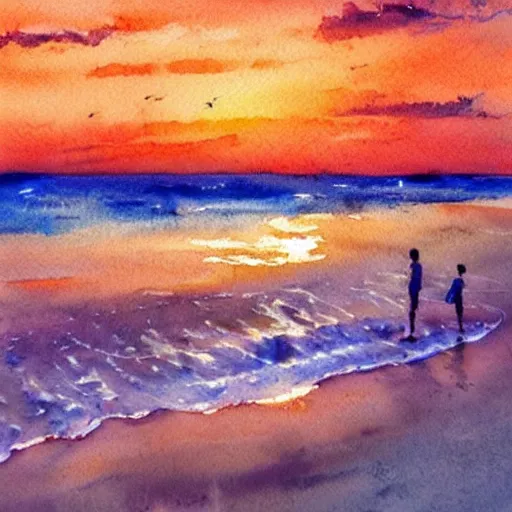 Prompt: afternoon on the beach at sunset. beautiful background, watercolor, parallax, acrylic art, oil on canvas, matte background, mixed media, trending on artstation