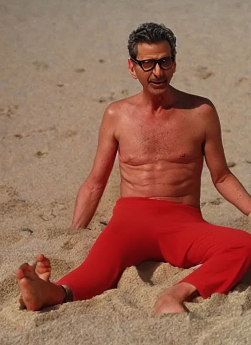 Image similar to jeff goldblum as polymorphic banana tomato raspberry on the sand of a beach