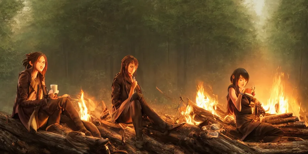 Image similar to a girl from final fantasy live action, with short black hair and green eyes in a tan trenchcoat sitting on a log and drinking tea by the campfire by her dieselpunk motorcycle at night, award winning, masterpiece digital painting by greg rutkowski, alex grey, artstation, 4 k wallpaper