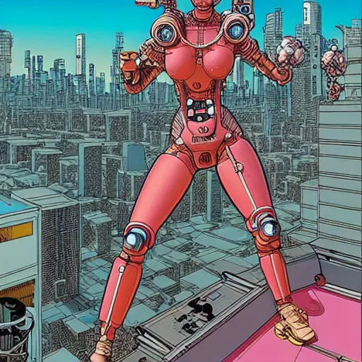 Image similar to a beautiful highly detailed futuristic mechanical lady, cyberpunk rooftop on jupiter, filled with people,, art by geof darrow,