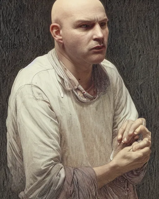 Image similar to portrait of a 4 0 - year - old bald character, male, with a white complexion, wide, cat - like scarlet eyes, a nose flat like a snake's nose, and a thin mouth, wearing in black clothes, hyper realistic face, beautiful eyes, fantasy art, in the style of greg rutkowski, intricate, alphonse mucha, hyper detailed, smooth