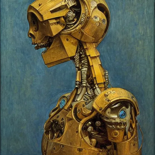 Prompt: the robot wearing the bone crown, by Annie Swynnerton and Diego Rivera , symbolist, dramatic lighting, elaborate geometric ornament, Art Brut, soft cool colors,smooth, sharp focus, extremely detailed, Adolf Wölfli and (Donato Giancola)