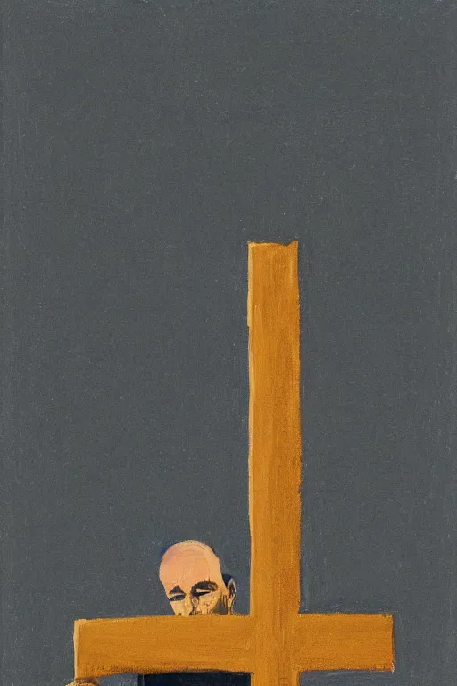 Image similar to man kneeling on the ground in front of a wooden cross, 1960’s minimalist advertising illustration, painterly, expressive brush strokes