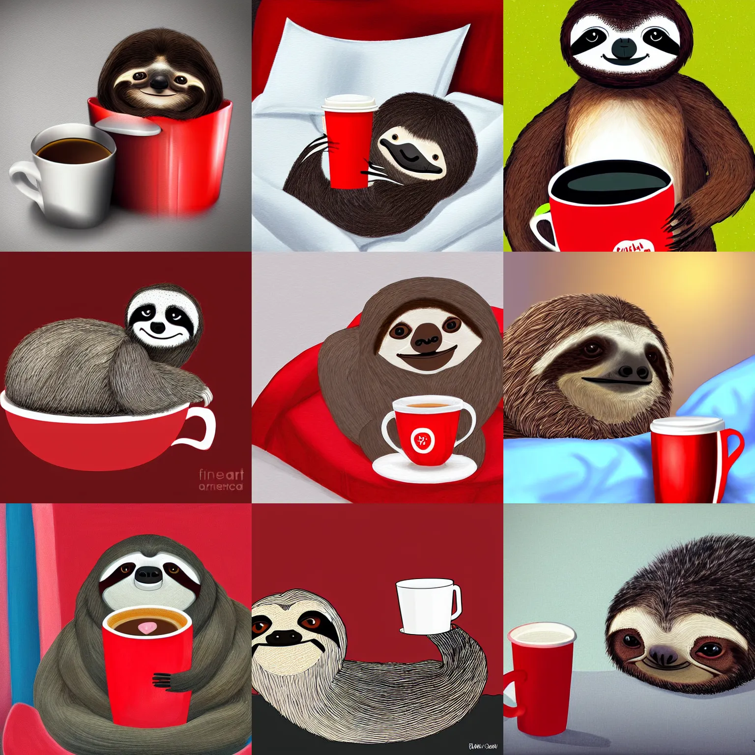 Prompt: a cozy sloth enjoying his morning coffee in bed with a red cup, digital art