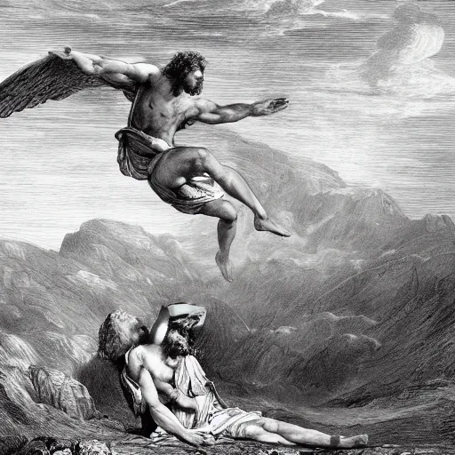 Prompt: A biblical painting of Jacob suplexing an angel at the top of a mountain by Gustave Doré, black and white palette, Scenic, Dramatic, beautiful shore in background, detailed, suplex, wrestling