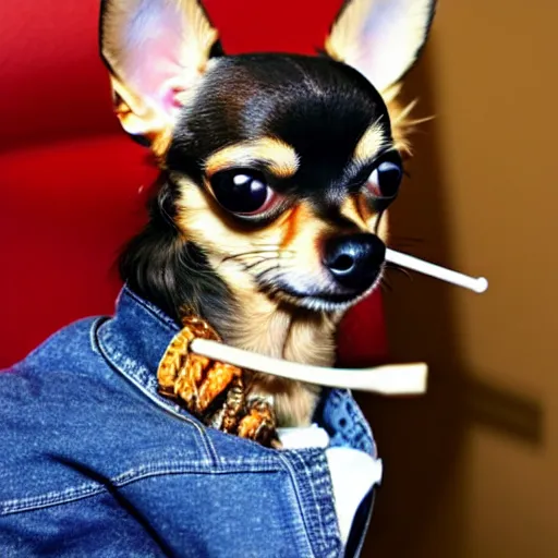 Image similar to a chihuahua smoking weed in an office