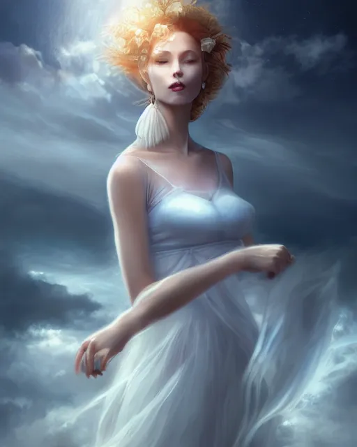 Prompt: Beautiful portrait of a woman wearing a dress of clouds, cloud couture, halo of light, artgerm, scenic fantasy art, wlop, deviantart