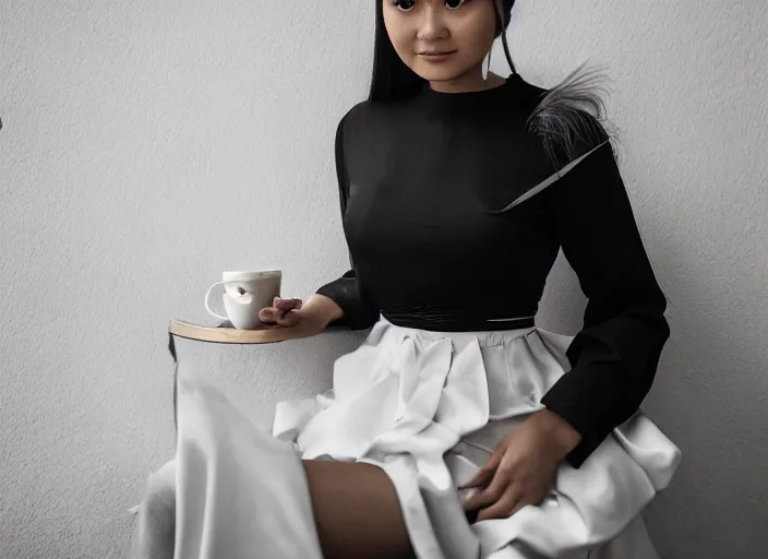 Prompt: young adult filipino woman in a coffee shop wearing an avant garde outfit designed by zaha hadid, natural light, magazine photo, 5 0 mm