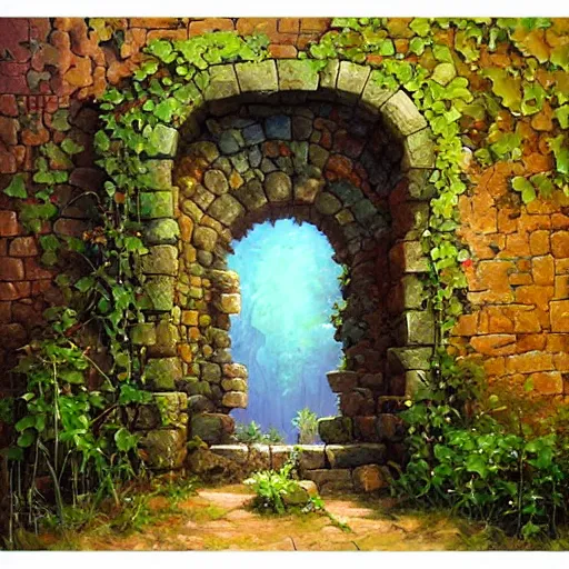 Image similar to colorful marc simonetti and Mark Keathley impasto!! acrylic painting of the slate stone gateway of a forgotten civilization. vines and creepers, stone etchings