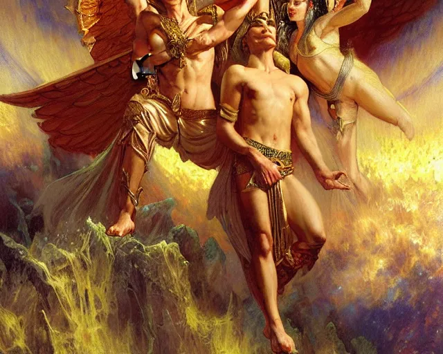 Image similar to gallant male deity, casting angelic magic, summoning regal lucifer morning star, as they negotiate over the earthly realm, highly detailed painting by gaston bussiere, craig mullins, j. c. leyendecker, tom of finland