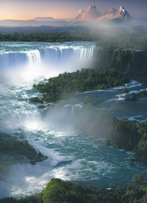 Image similar to cascade of multiple gigantic niagara falls, epic mountains in the background, early dawn, fantasy illustration, matte painting, concept art, low angle shot, volumetric lighting, volumetric atmosphere, morning mist, art by james gurney, unreal engine 5, 8 k