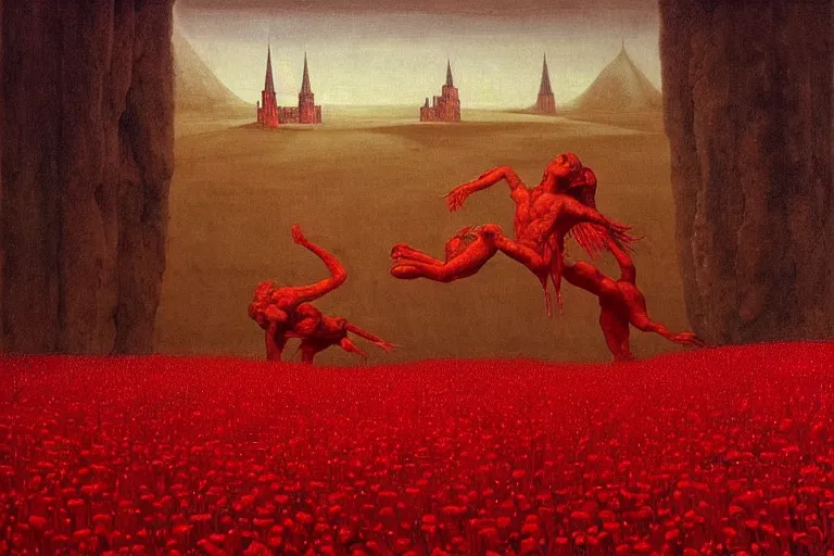 Image similar to only with red, red flowers of different types, a red tiger, a castle in the background, medieval demons dance over the flowers, an ancient path, in the style of beksinski, part by hopper, part by rodcenko, part by hofbauer, intricate composition, red by caravaggio, insanely quality, highly detailed, masterpiece, red light, artstation