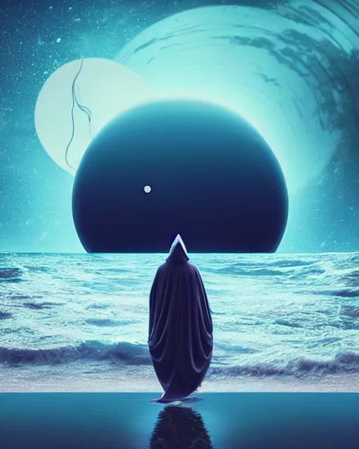 Image similar to a person wearing a white cloak that's blowing in the wind. they are standing in the water. a large planet with rings is visible in the sky. an album cover by stanley twardowicz, trending on cg society, retrofuturism, retrowave, chillwave, synthwave