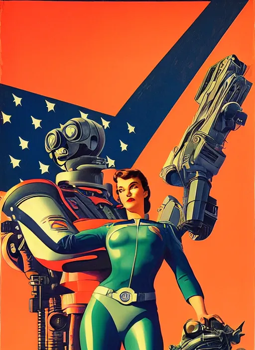 Image similar to american propaganda poster art. powerful cyberpunk pilot. portrait by jean giraud and anton otto fischer and john philip falter and will eisner and gil elvgren and pixar. full body. realistic proportions. science fiction d & d. overwatch, rb 6 s, cyberpunk 2 0 7 7, blade runner 2 0 4 9 concept art. cel shading. thick lines.