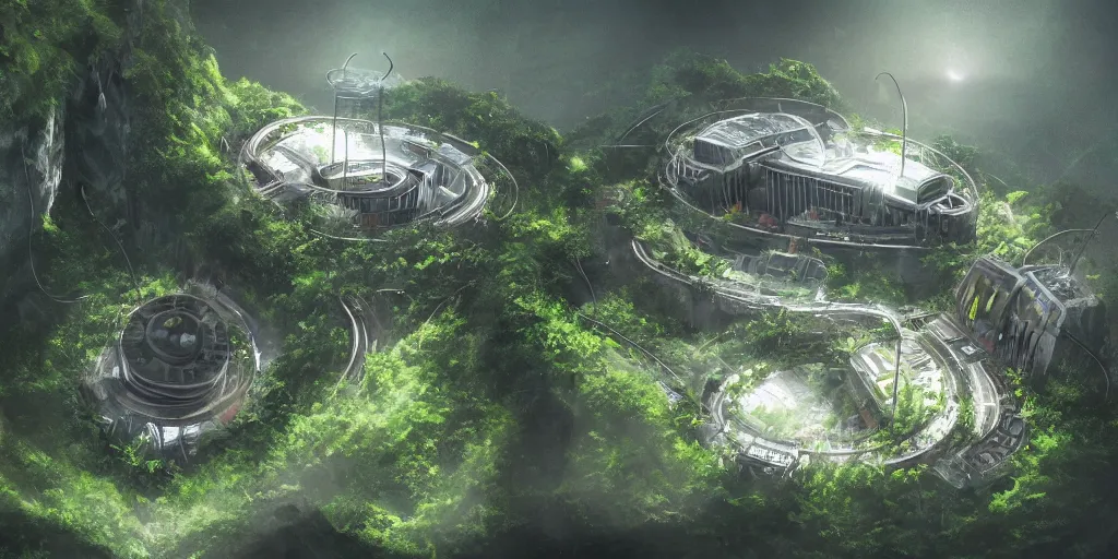 Image similar to small futuristic maximum security prison on a hill in jungle. It is surrounded by poor slums below, tropical climate, award winning, video game concept art, scifi, rural dystopian, UE5