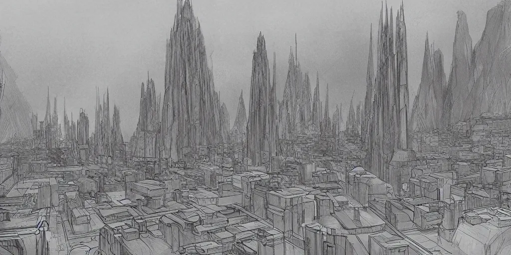 Image similar to city and temples of arrakis, but it is a luxurious oasis with trees and water, arrakeen, arab architectural and brutalism and gigantism, composition idea concept art for movies, style of denis villeneuve and greg fraiser