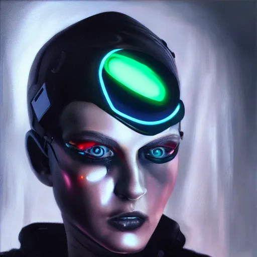 Image similar to hyperrealism oil painting portrait of cyberpunk cyborg fashion model with glowing eyes