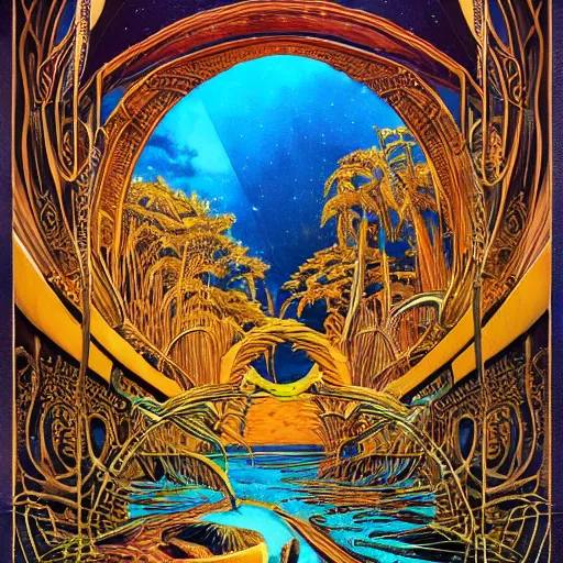 Prompt: small 🌅 the ancient gods ornate amazon rain forest trompe l'oeil, pastiche by Dan Mumford, pastiche by Michael Whelan, Precise and Intricate Linework, Art Nouveau Cosmic 4k spray painted graffiti featured on 500px ,CGSociety, Ecru and Goldenrod color scheme