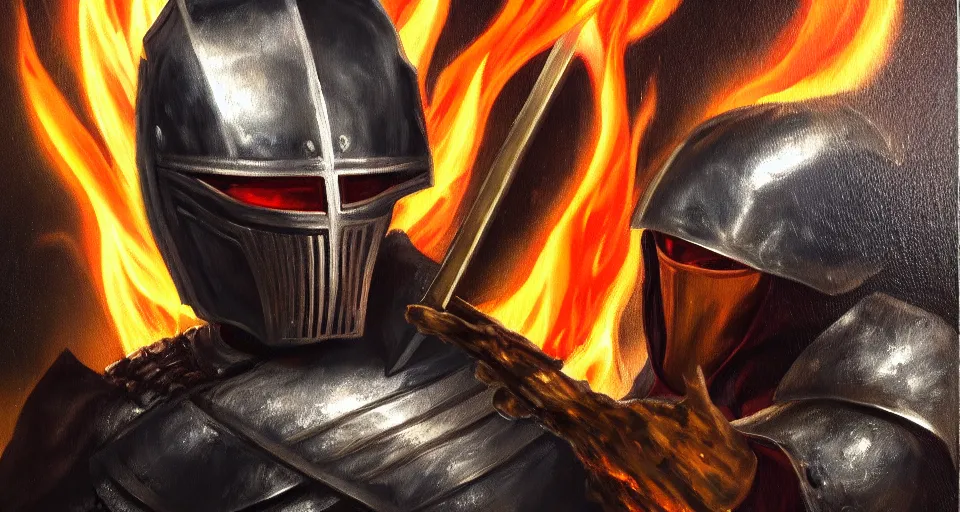 Image similar to An oil painting of a knight in dark metal armor wielding a flaming sword