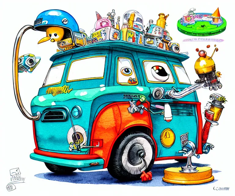 Image similar to cute and funny, penguin wearing a helmet riding in a tiny mystery machine van with an oversized engine, ratfink style by ed roth, centered award winning watercolor pen illustration, isometric illustration by chihiro iwasaki, edited by range murata, tiny details by artgerm and watercolor girl, symmetrically isometrically centered, sharply focused