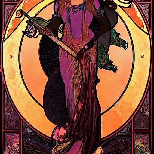 Image similar to a finely detailed beautiful!!! feminine alchemical engraving of The Baphometress by Alphonse Mucha, legendary masterpiece, stunning!, saturated colors, black background, full body portrait, zoomed out to show entire image, trending on ArtStation