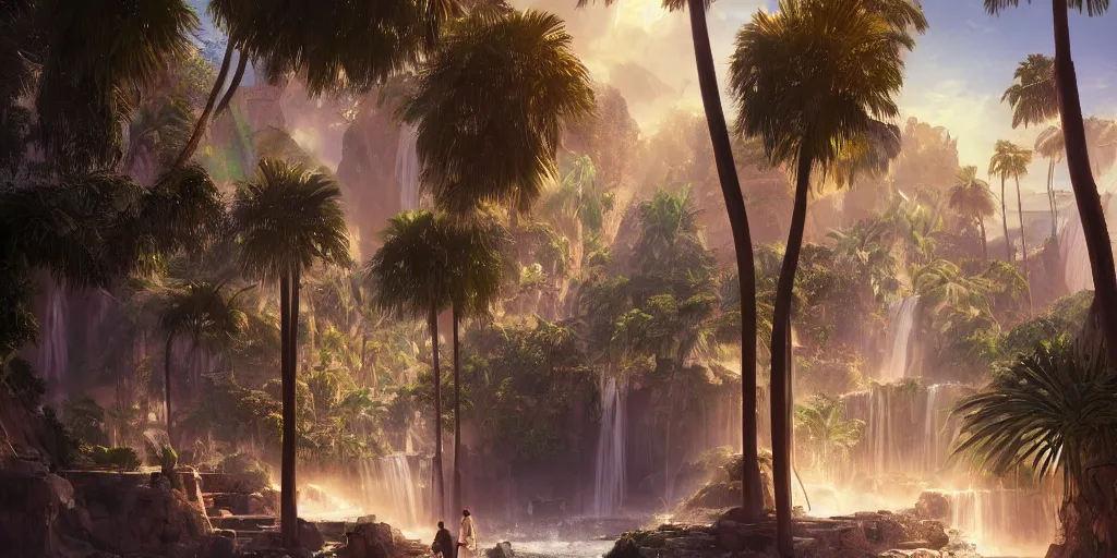 Image similar to beautiful oasis waterfalls surrounded by palm trees moroccan tile archways, date trees, ivory towers sunset peter morbacher ross tran angelarium greg rutkowski alchemy luxury heavenly light soft illumination, trending on artstation cinematic lighting digital painting octane render, artgerm