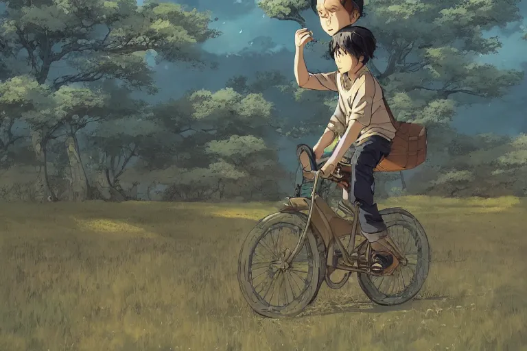 Image similar to a boy riding his bike through the plains of rural japan, high intricate details, rule of thirds, golden ratio, cinematic light, anime style, graphic novel by fiona staples and dustin nguyen, by beaststars and orange, peter elson, alan bean, studio ghibli, makoto shinkai