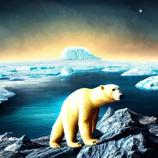 Image similar to polar bear on iceberg in mars drinking beer and have a beer can in hand, outer space, planet mars, illustration, computer painting, high resolution,, trending on deviantart, hdr, hyper detailed, insane details, intricate, elite, ornate, dramatic lighting