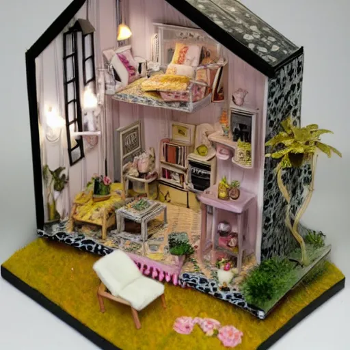 Prompt: photo of miniature doll house diorama