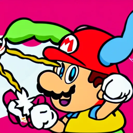 Image similar to Super Mario force-feeding spaghetti to Birdo.