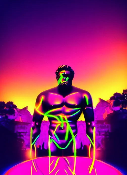 Prompt: black and neon colors, statue of hercules, beeple, vaporwave, retrowave, glitch, strong contrast, pinterest, trending on artstation