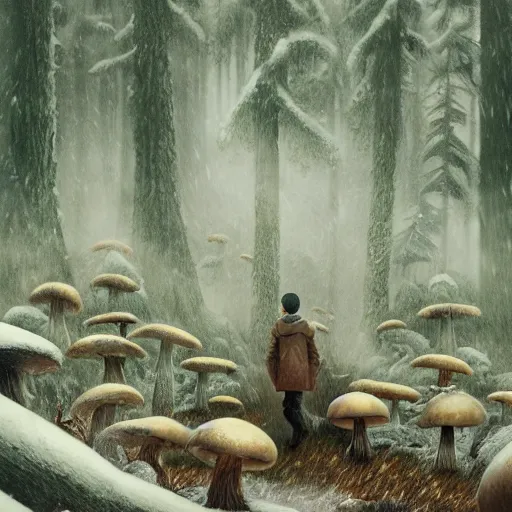 Image similar to an old broken hut mage of huge mushrooms, snow in an autumn forest, animals, green and brown tones, by Aron Wiesenfeld and beksincki, in the style Bev dolittle, cinematic, detailed illustration, nature, fog, dark colors, suspense, intricate, 8k in the style