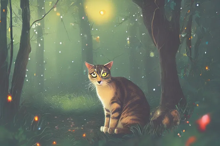 Image similar to a cat in a forest at night with fireflies, trending on artstation, night lighting, fanart, bokeh, dreamy