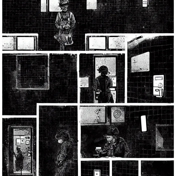 Image similar to sadie sink as a coal miner : eats bread at a table. inside a dirty automated kiosk. bright tasty food options displayed on a wall. black tiles on walls. black and white, pencil and ink. by gabriel hardman, joe alves, chris bonura. cinematic atmosphere, detailed and intricate, perfect anatomy