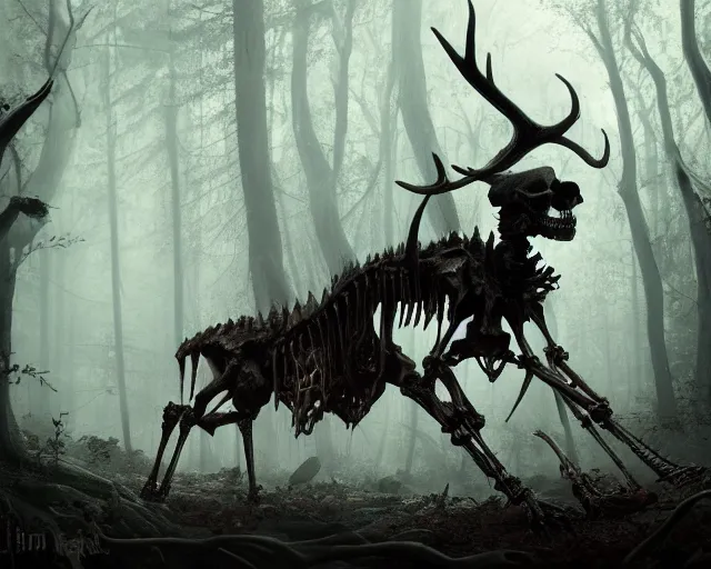 Prompt: 5 5 mm portrait photo of an armored demonic skeleton with antlers, in a magical forest. dark atmosphere. art by greg rutkowski. highly detailed 8 k. intricate. lifelike. soft light. nikon d 8 5 0.